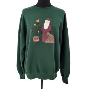 Jerzees Sweatshirt Womens XL Santa Holiday Green Embroidered Buttons